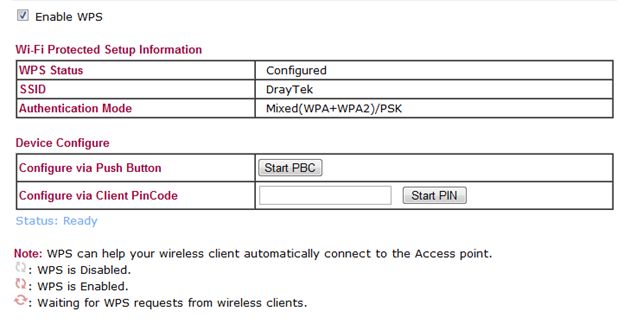 WPS wireless settings